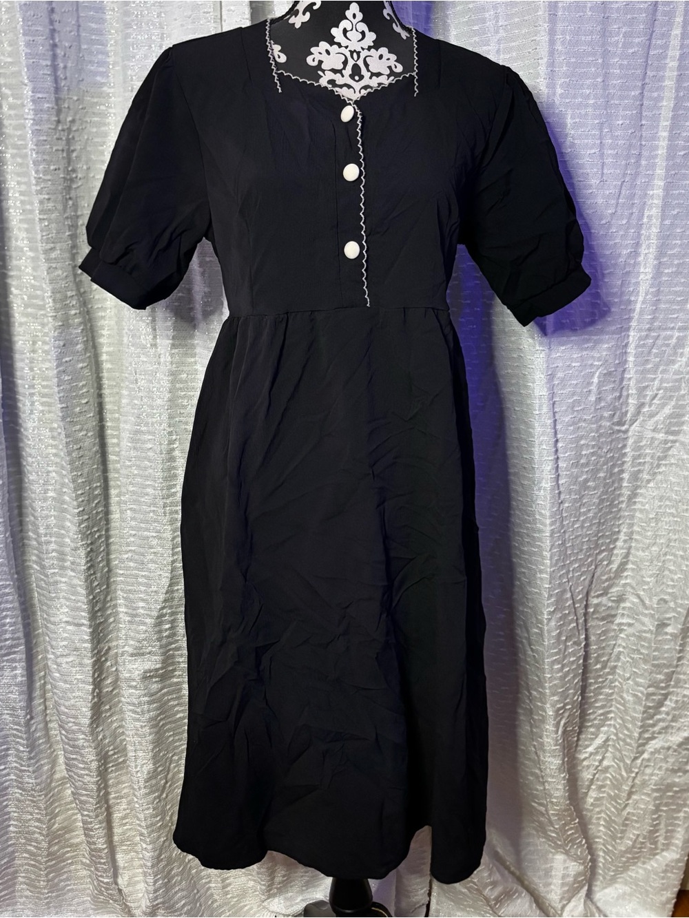 Black MingDu Contrast Trim Puff Sleeve Midi Dress Cottagecore Coquette Women’s M